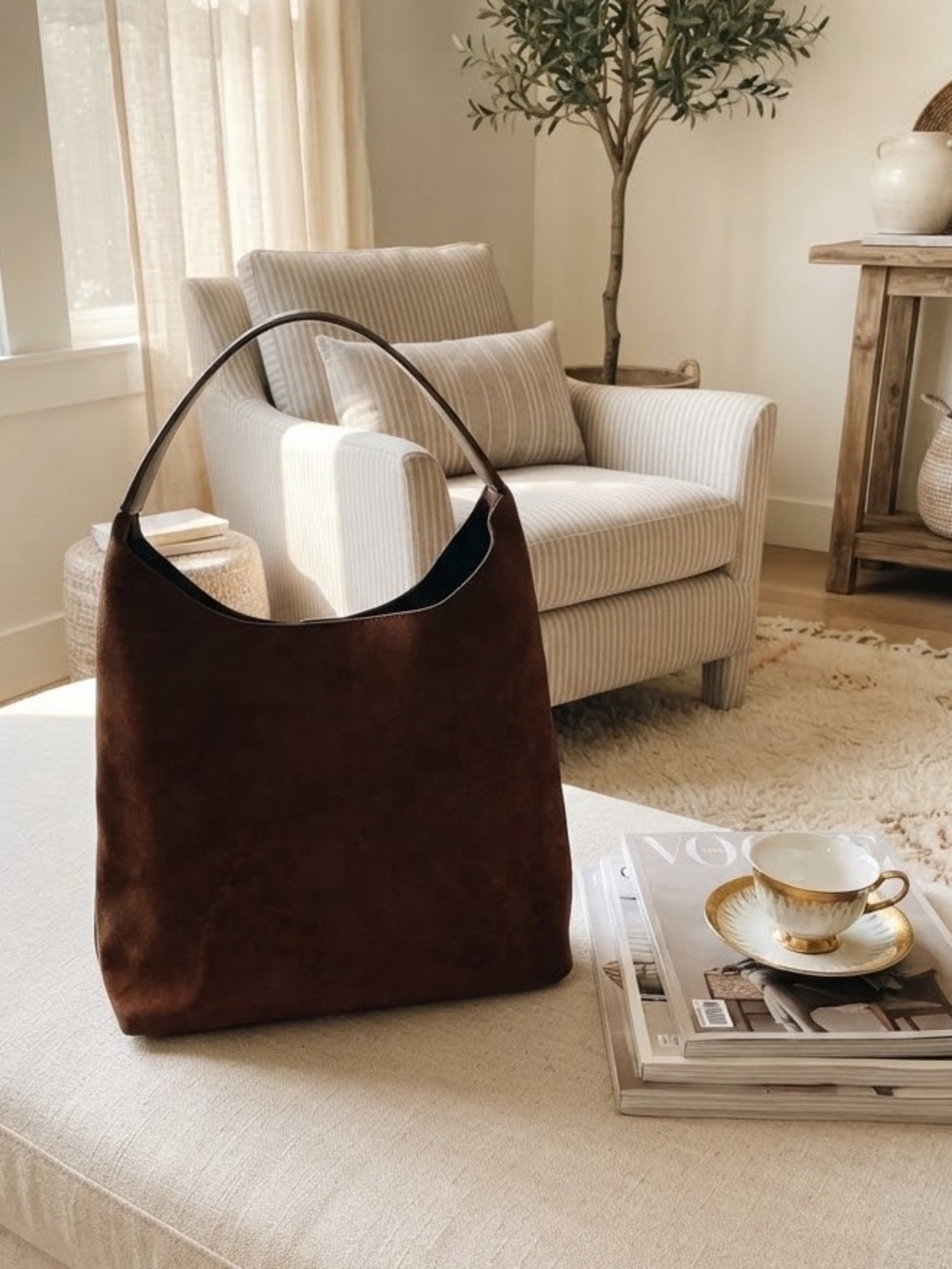 ✨ Brown Faux Suede Hobo Shoulder Bag Minimalist Chic Slouchy Tote Purse 🤎✨